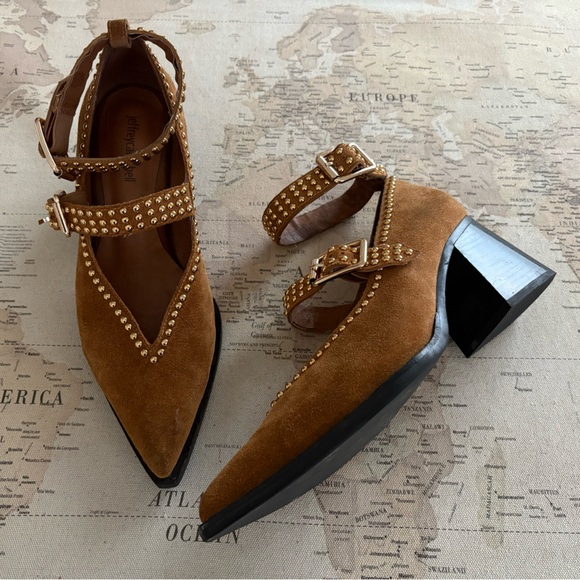 Jeffrey Campbell Shoes - Jeffrey Campbell Free People Studded Suede Chunky Heels Size 9.5 Carmel/Gold